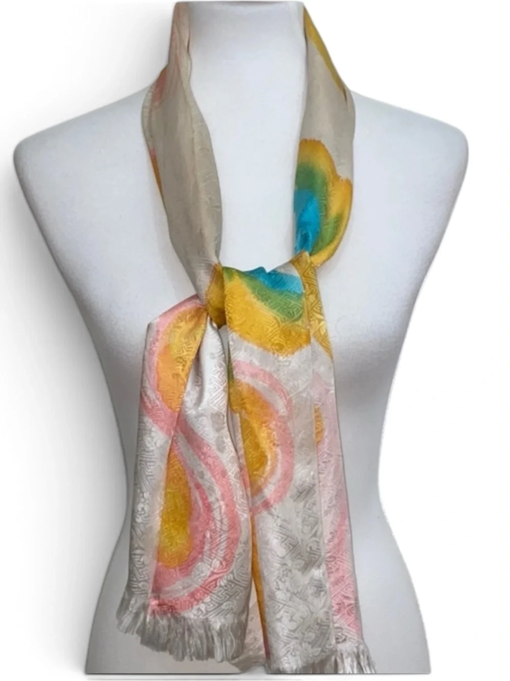 Vintage 100% Silk Scarf Japan Abstract Mod Jacquard Oblong Colorful